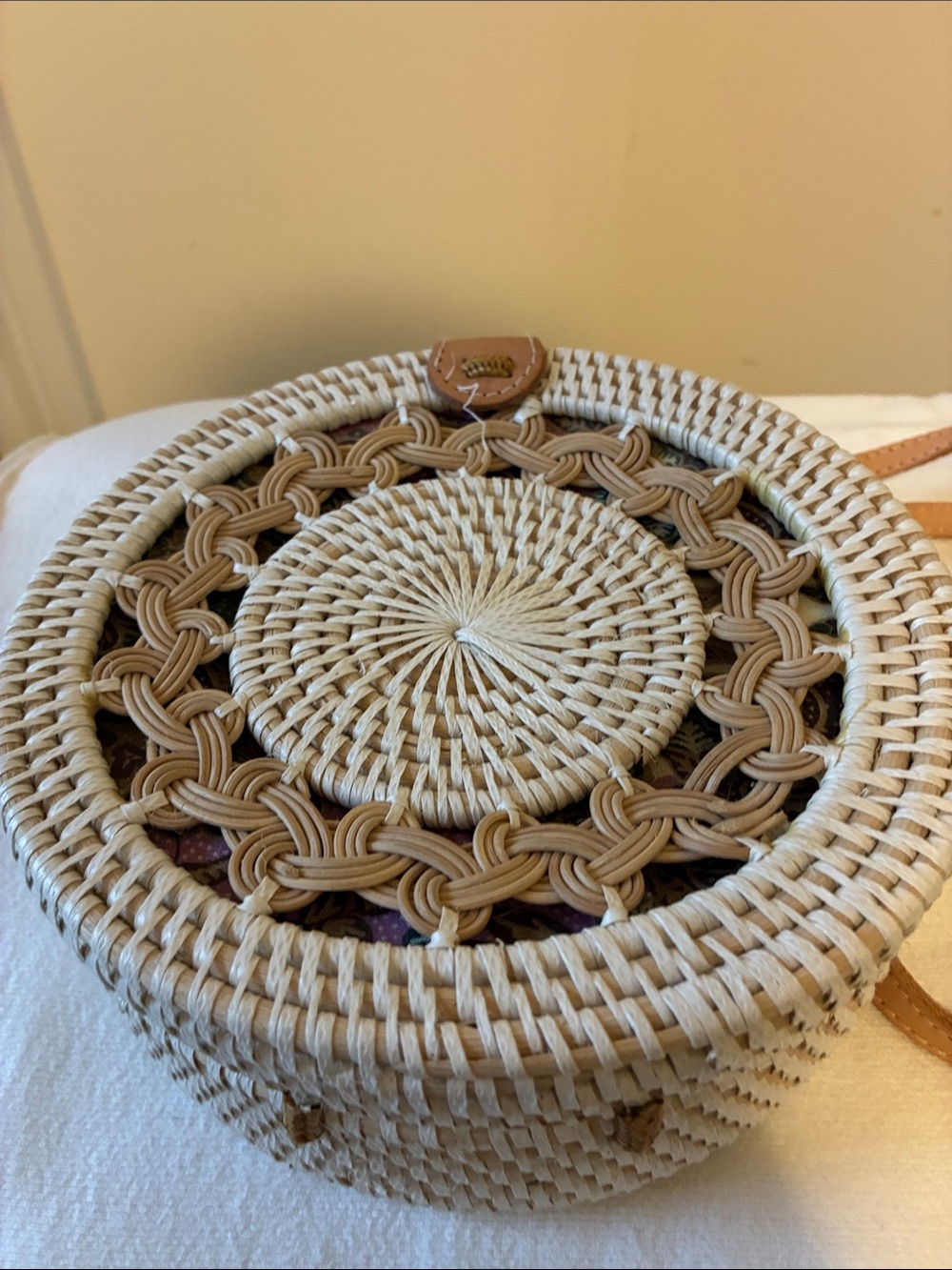 Ameril Woven Round Straw Crossbody Bag in Natural Tan